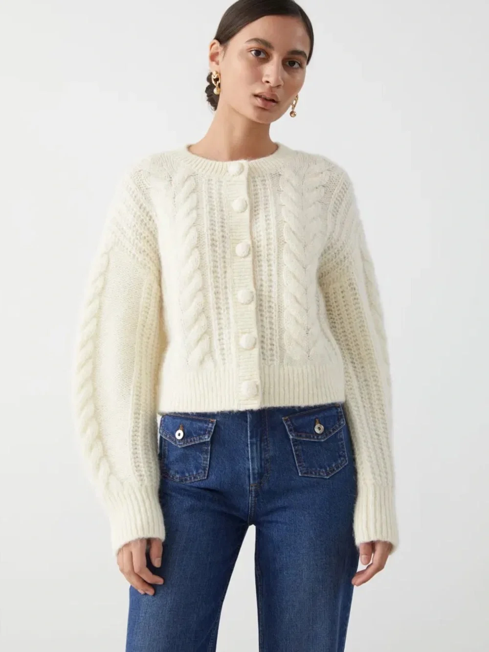 & Other Stories Cropped Cable Knit Wool Alpaca Cardigan Cream M
